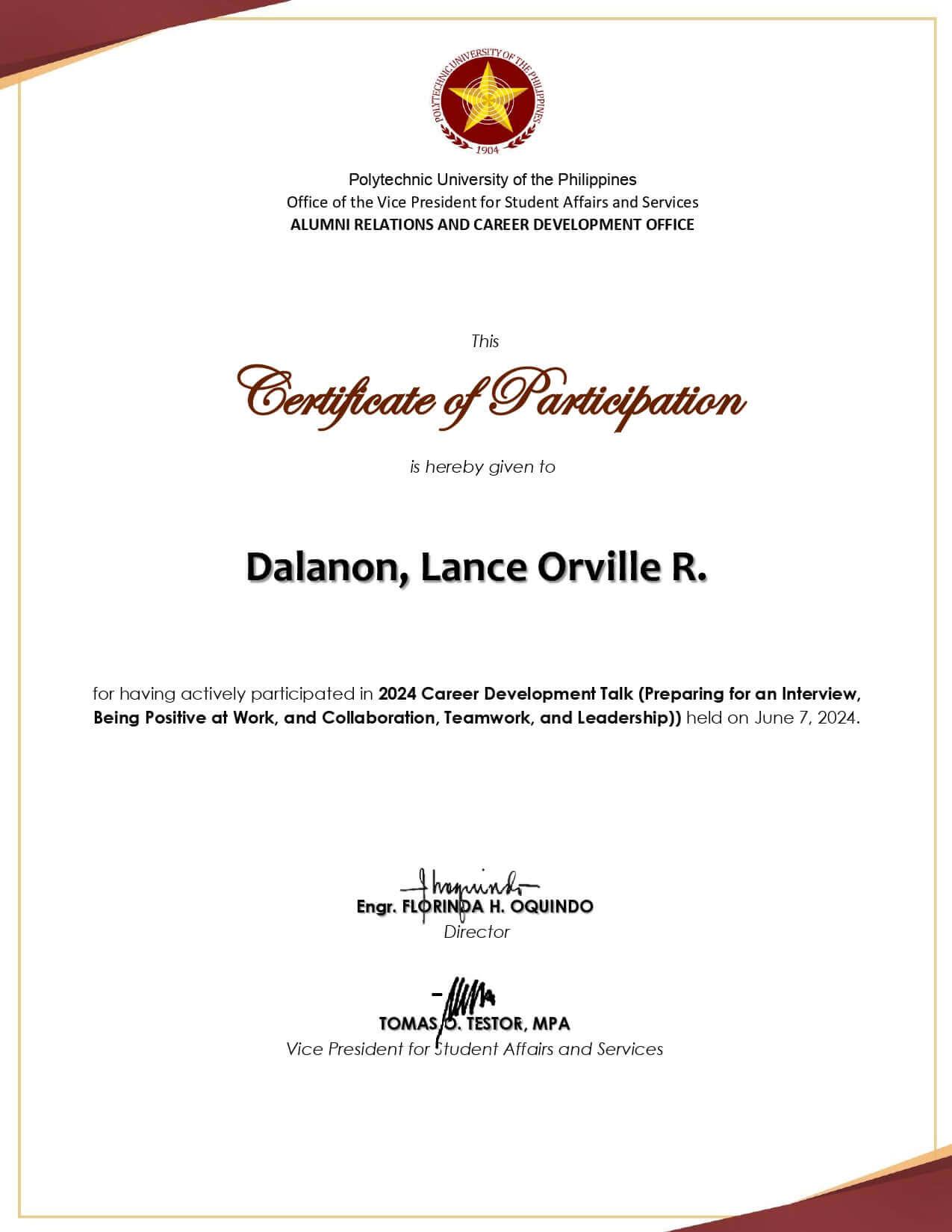 2024 Career Development Talk (Preparing for an Interview, Being Positive at Work, and Collaboration, Teamwork, and Leadership)) - Issued in April 2024